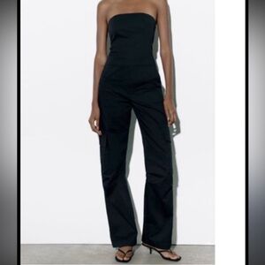Zara Black Strapless Wide Leg Cargo Jumpsuit XS